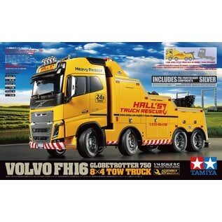 TAMIYA TAM 47528 VOLVO FH16 GLOBETROTTER 750 8X4 TOW TRUCK (INCLUDES SILVER PRE-PAINTED BODY COMPONENTS)
