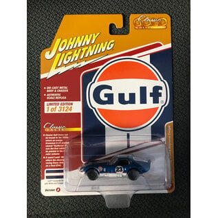 JOHNNY LIGHTNING JL 06212 1965 SHELBY COBRA DAYTONA COUPE GULF CORPORATE BLUE WITH WHITE AND ORANGE STRIPES 1/64 DIE-CAST