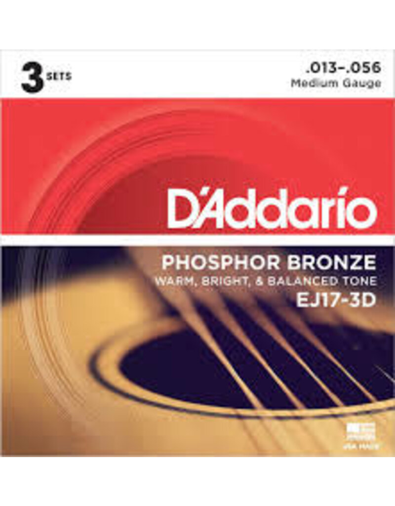 D'Addario D'Addario EJ17-3D Phosphor Bronze Acoustic Guitar Strings, Medium, .13-.56 3 Sets