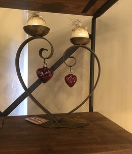 Artisans Double Heart Iron Candleholder w/Glass Hearts & Candles