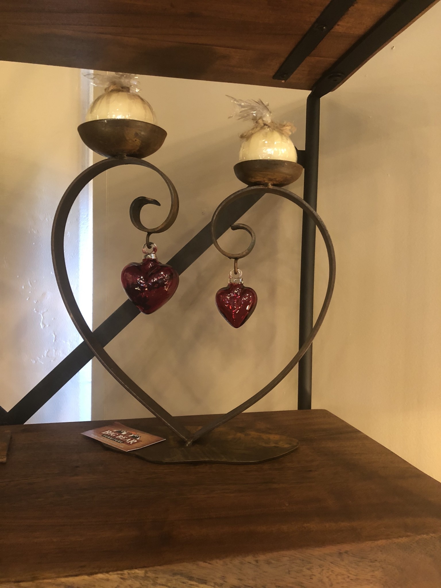 Artisans Double Heart Iron Candleholder w/Glass Hearts & Candles