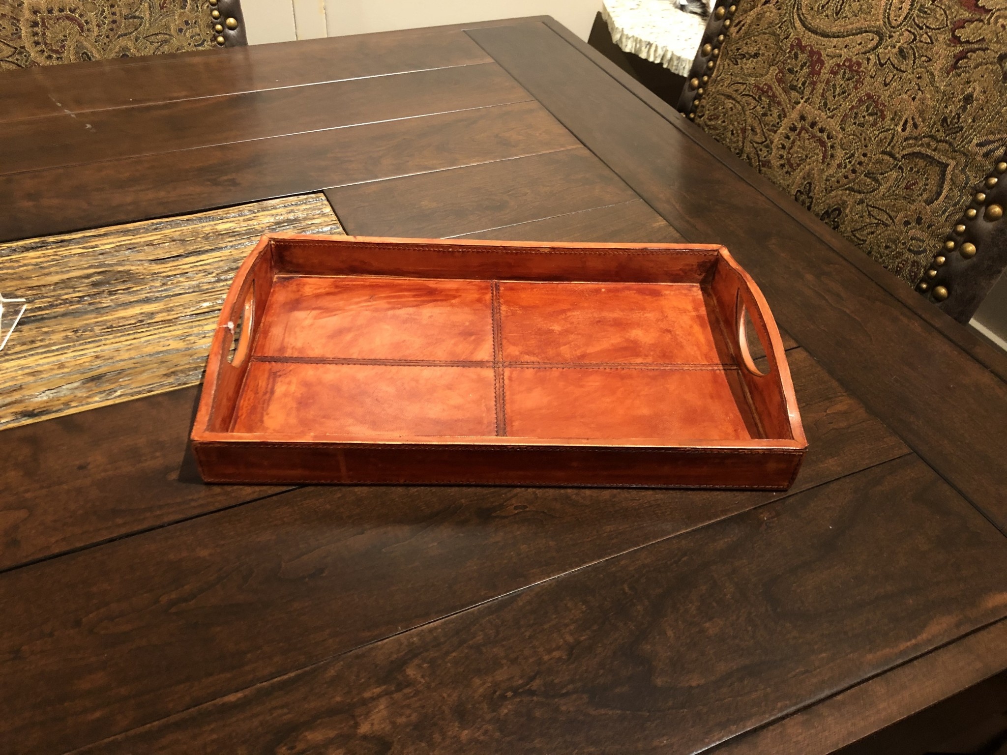 Uma Wood Leather Tray, Small - 16"