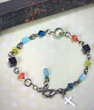 cool water jewelry BC32-157 Bracelet: Stained Glass Window Beads/Cross Charm