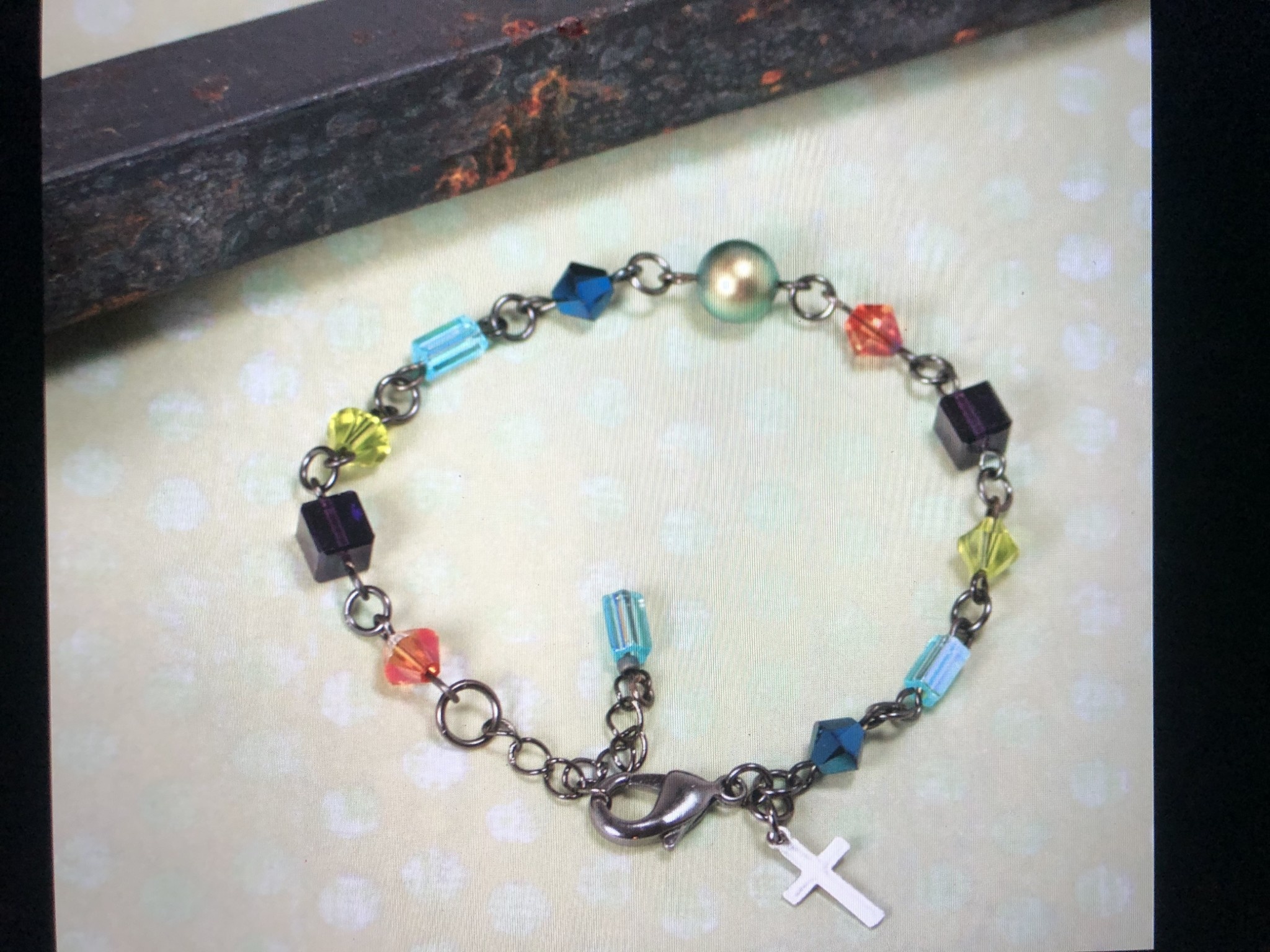 cool water jewelry BC32-157 Bracelet: Stained Glass Window Beads/Cross Charm