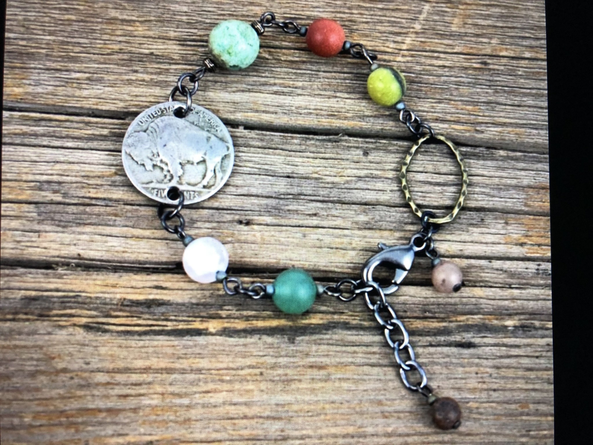 cool water jewelry BC90 Bracelet: Plains Buffalo Nickel/Gemstones