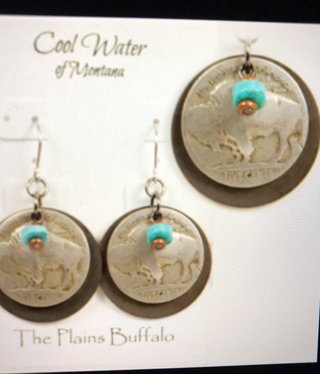 cool water jewelry EW392-62 Plains Buffalo Nickel/Turquoise/Disk Earrings****