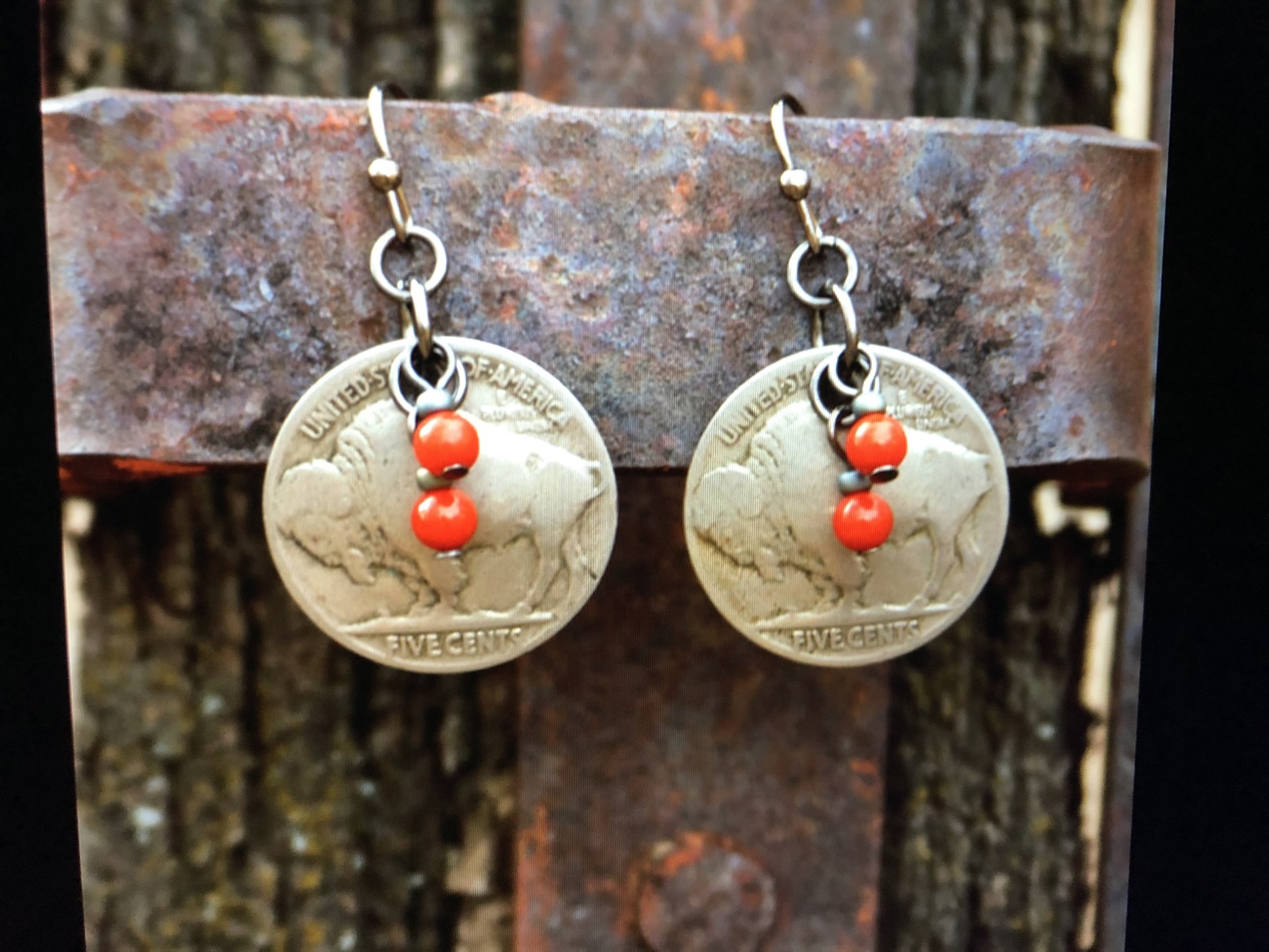 cool water jewelry EW427  Plains Buffalo Nickel & Coral Earrings