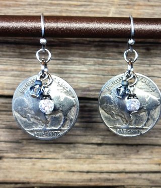 cool water jewelry EW475-201 Plains Buffalo Nickel/Turquoise/Crystal Earrings