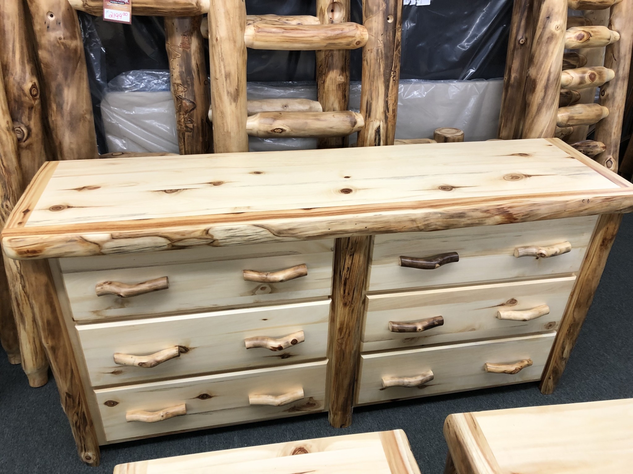 Rustic log Aspen Flat Front Log 6 Drawer Dresser 72"W