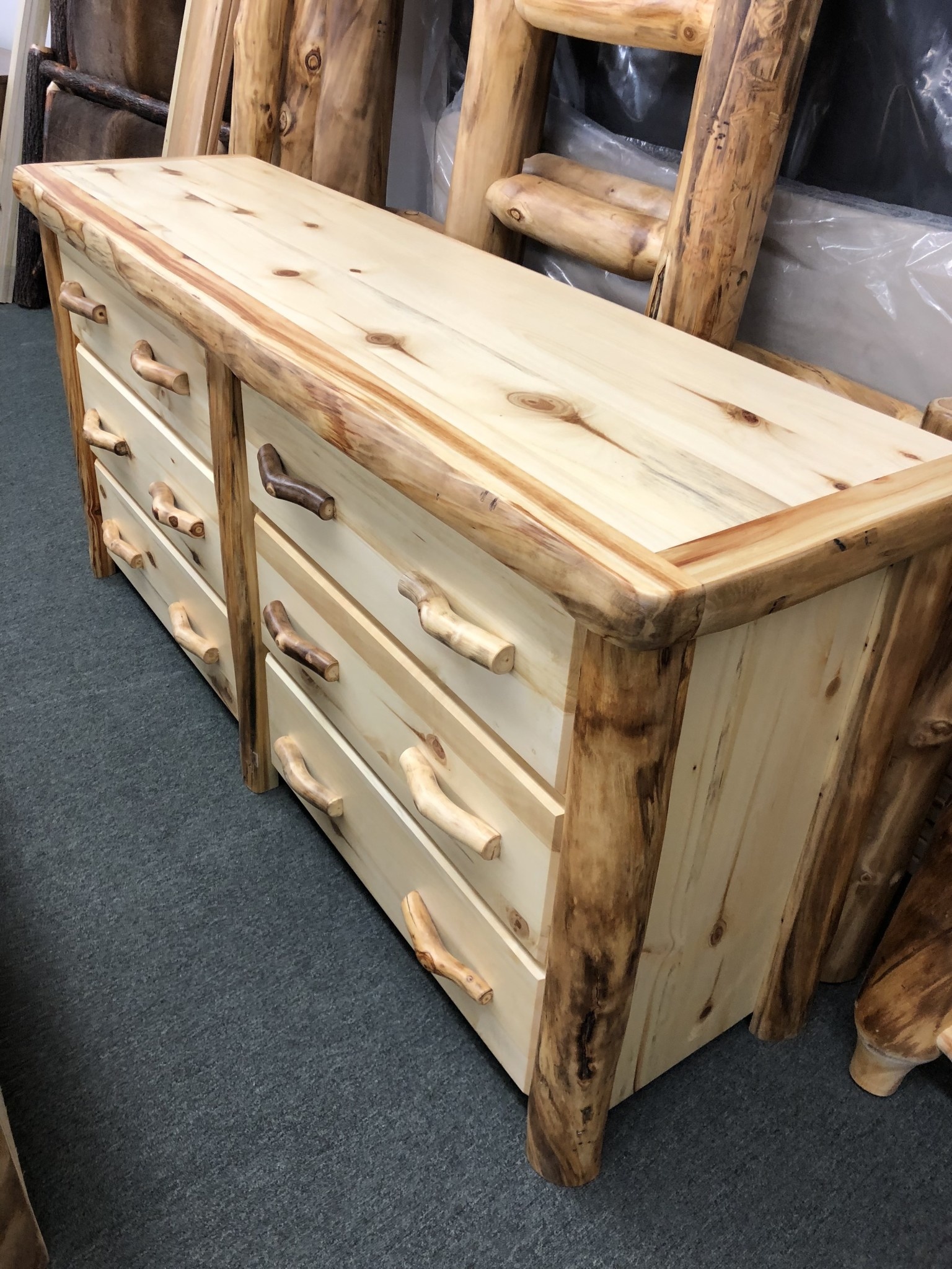 Rustic log Aspen Flat Front Log 6 Drawer Dresser 72"W