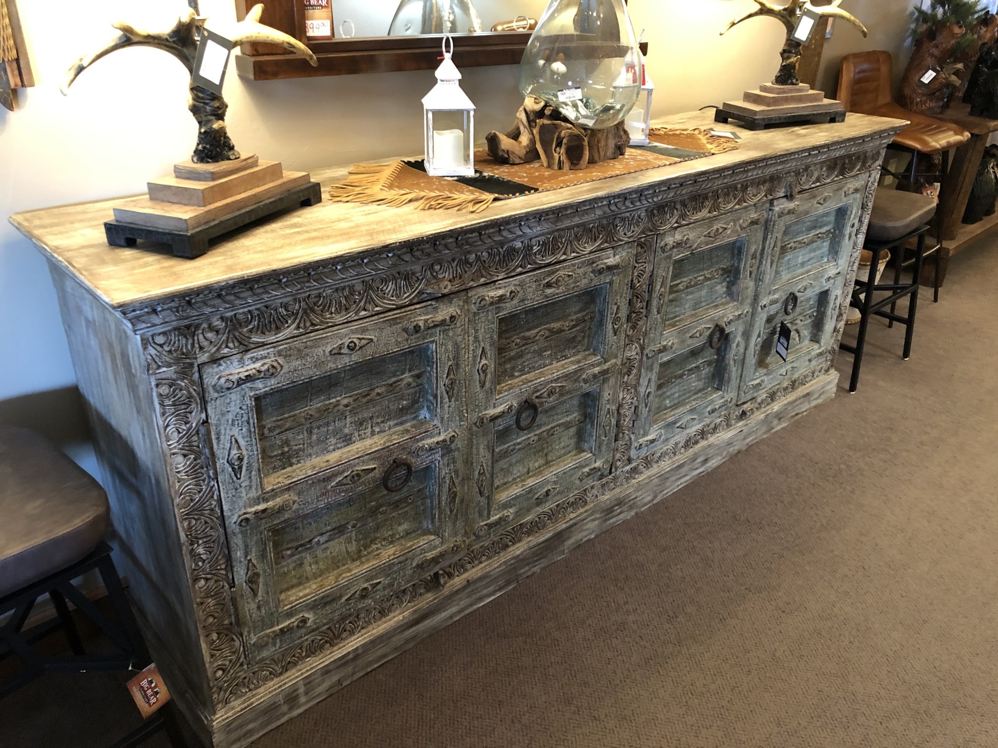 HTD Distressed White Carved Sideboard 93x19.5x37.5