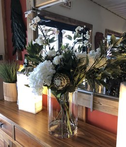 D&W Silks Hydrangeas, Proteas, Green in Glass Vase***D