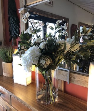 D&W Silks Hydrangeas, Proteas, Green in Glass Vase***D