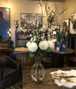 D&W Silks Wh Peach Blossoms & Cream Dahlias in Vase*****