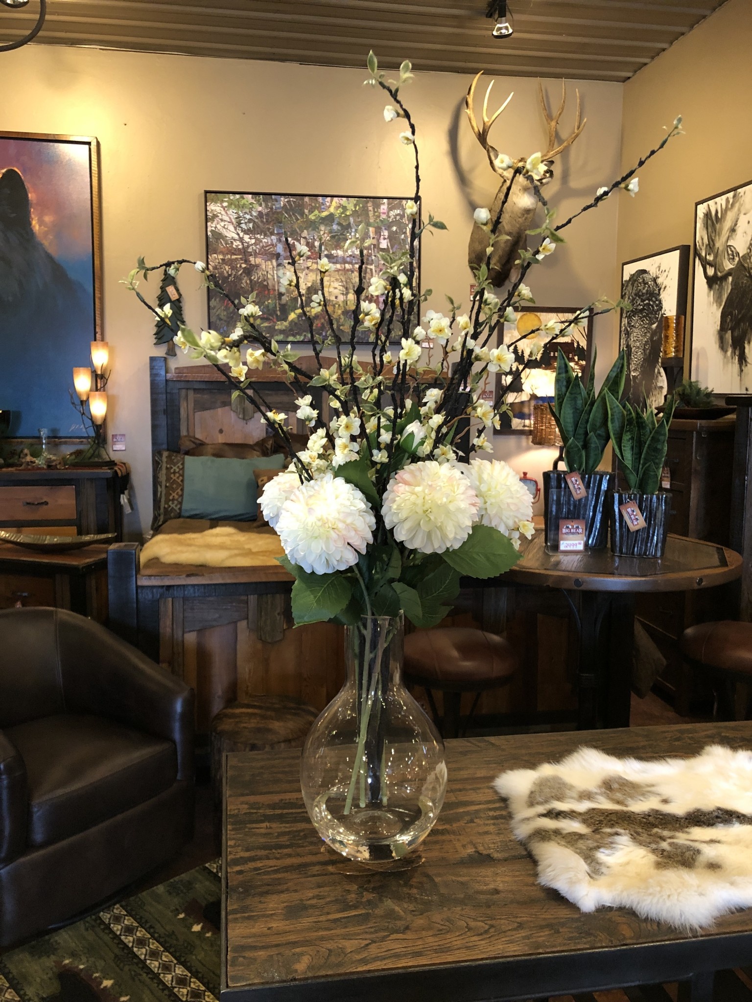 D&W Silks Wh Peach Blossoms & Cream Dahlias in Vase