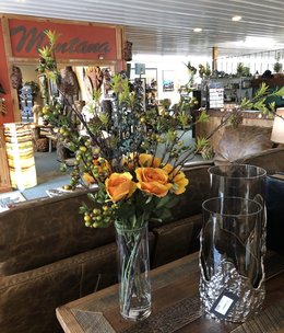 D&W Silks Yellow Roses w/Berries in Glass Vase*****