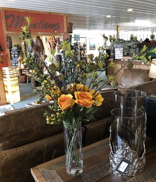 D&W Silks Yellow Roses w/Berries in Glass Vase*****