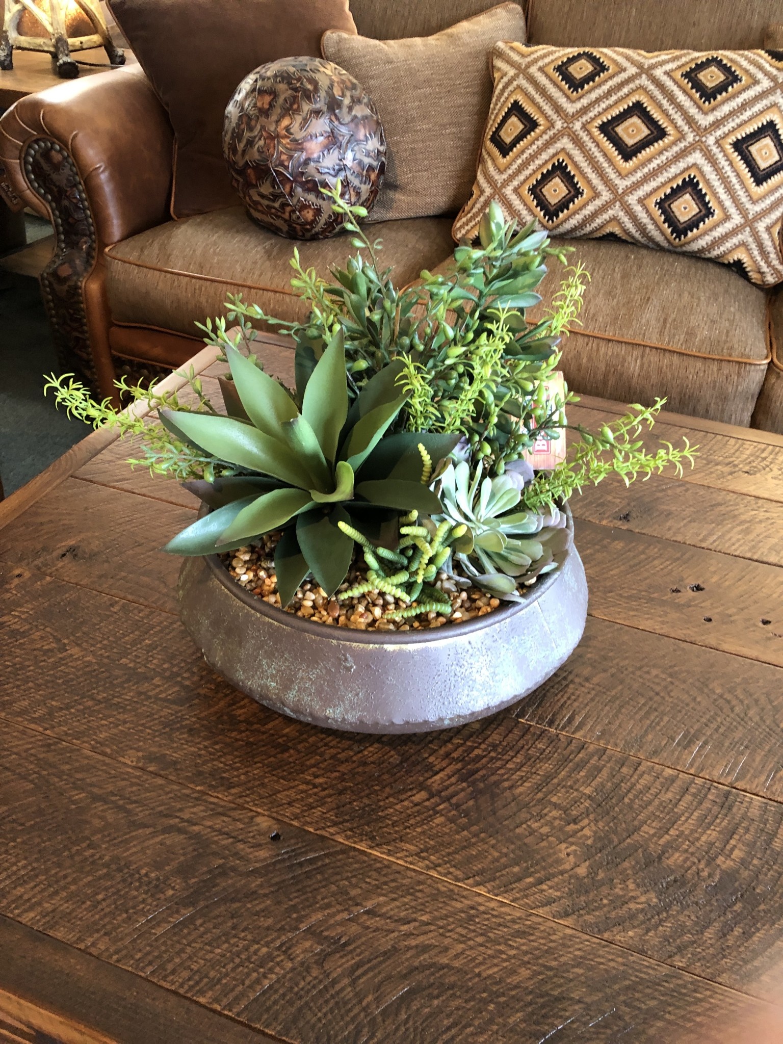 D&W Silks Assorted Succulents, Aloe in Aged Copper Bowl