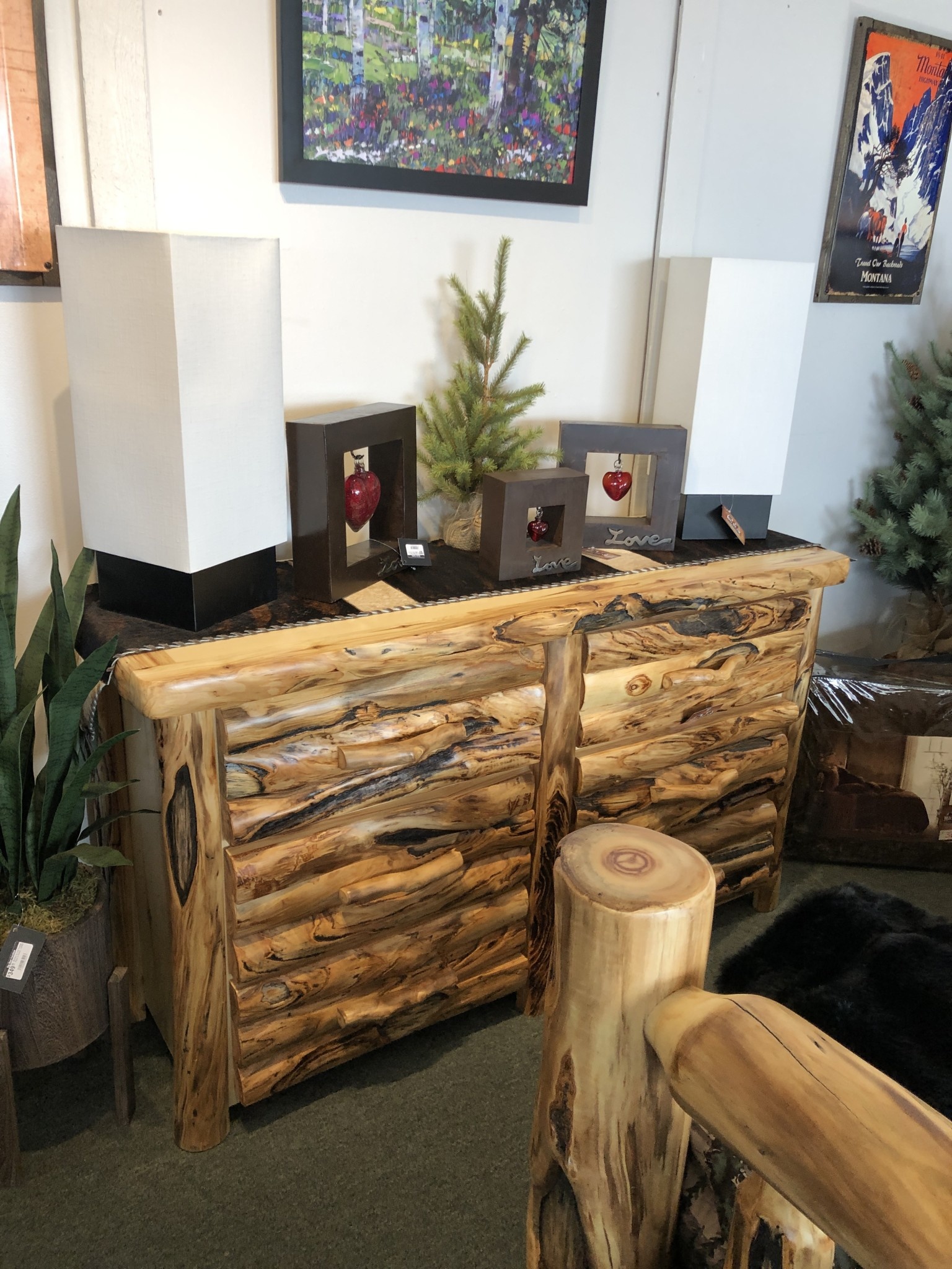 Rustic log Gnarly LOG FRONT 60" 6 Drawer Dresser