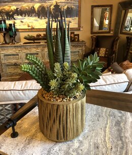 D&W Silks Agave & Succulents in Wood Stain Wash Planter
