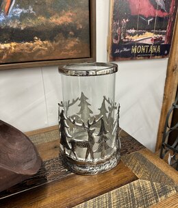 Melrose Deer/Tree SILVER/Glass Candleholder