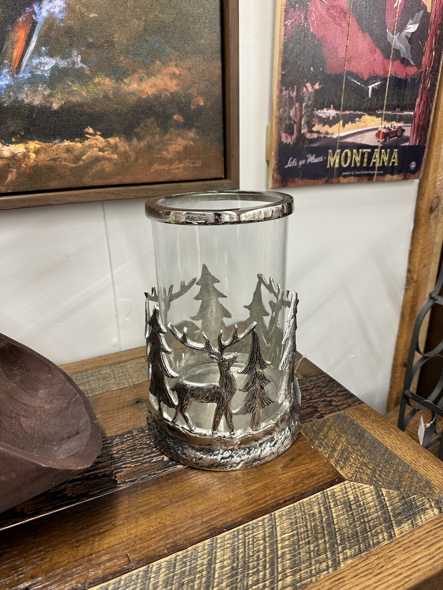 Melrose Deer/Tree SILVER/Glass Candleholder