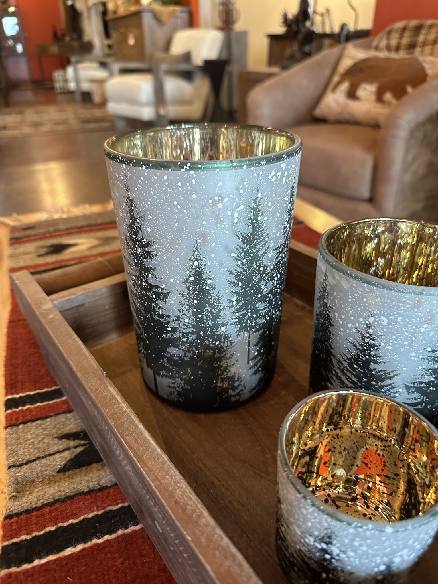 Melrose Winter Snow Pine Trees LARGE Candle Holder-7"H