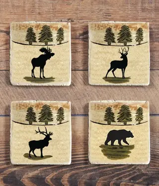 Hiend Multi Animal Coasters Set of 4 (Deer,Moose,Bear,Elk w/Pine Trees)