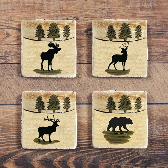 Hiend Multi Animal Coasters Set of 4 (Deer,Moose,Bear,Elk w/Pine Trees)