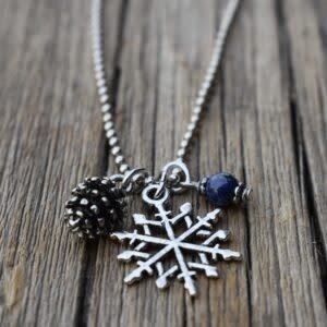 cool water jewelry NC499-179 Necklace: Great Outdoor Snowflake, Pinecone,& Lapis Bead
