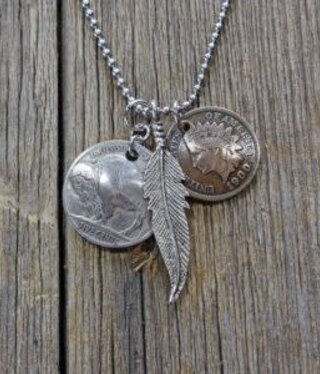 cool water jewelry NC509 Necklace: Plains Buffalo Nickel/Penny/Feather cool water jewelry NC509 Necklace: Plains Buffalo Nickel/Penny/Feather