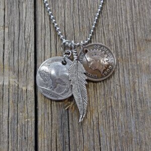 cool water jewelry NC509 Necklace: Plains Buffalo Nickel/Penny/Feather