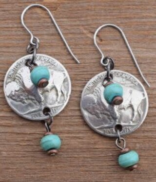 cool water jewelry EW278 Plains Buffalo Nickel/Embellished Turquoise Earrings