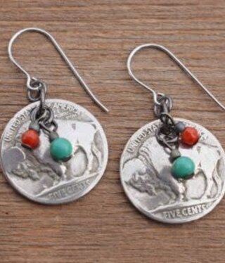 cool water jewelry EW393 Plains Buffalo Nickel/Turquoise/Coral Earrings