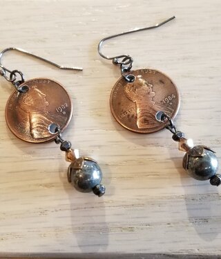 cool water jewelry EW540-180 Am Heritage Lincoln Pennies & Pyrite Drop Earrings****