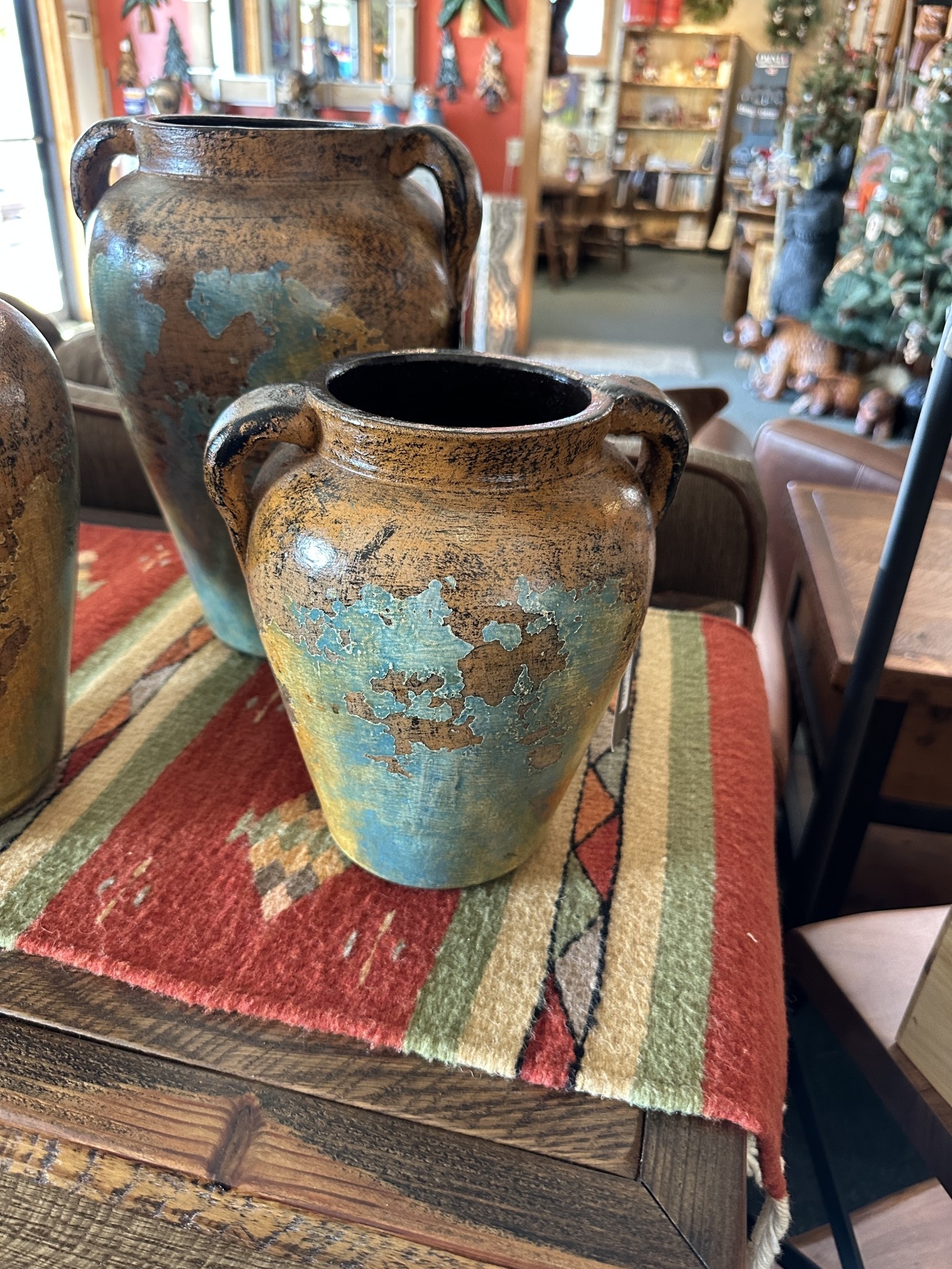 Artisans Turquoise/Brown Clay Pot-SMALL 8x9