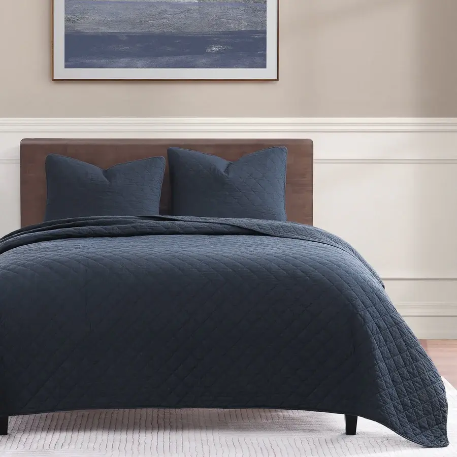 Hiend Cotton Gauze 3pc Quilt Set-FULL/QUEEN-Navy