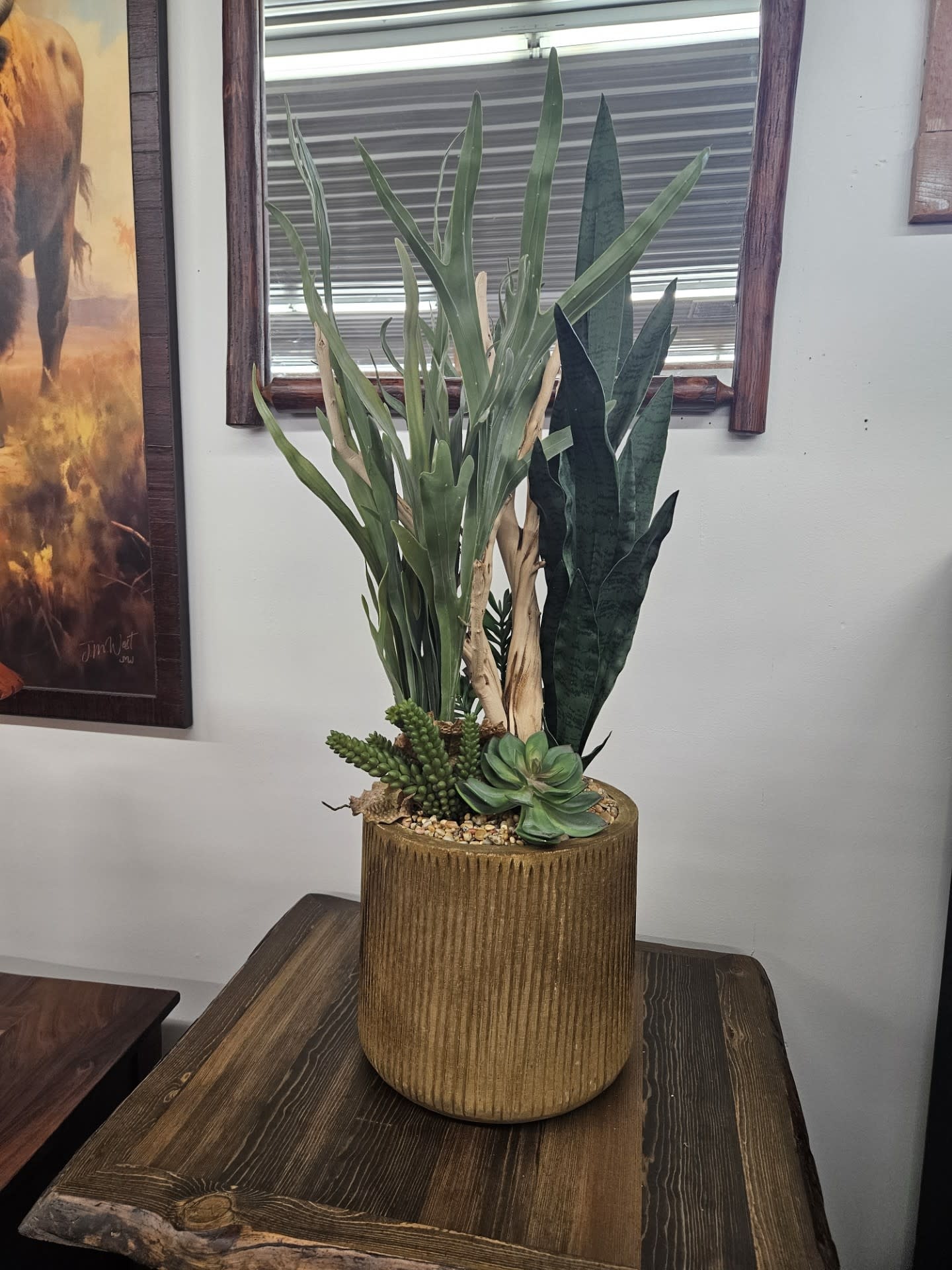 D&W Silks Staghorn Fern/Ghostwood//Succulents Wood Planter