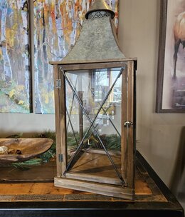 Melrose Rustic Galvenized/Wood Lantern-LARGE-33.5H