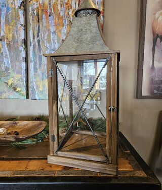 Melrose Rustic Galvenized/Wood Lantern-LARGE-33.5H