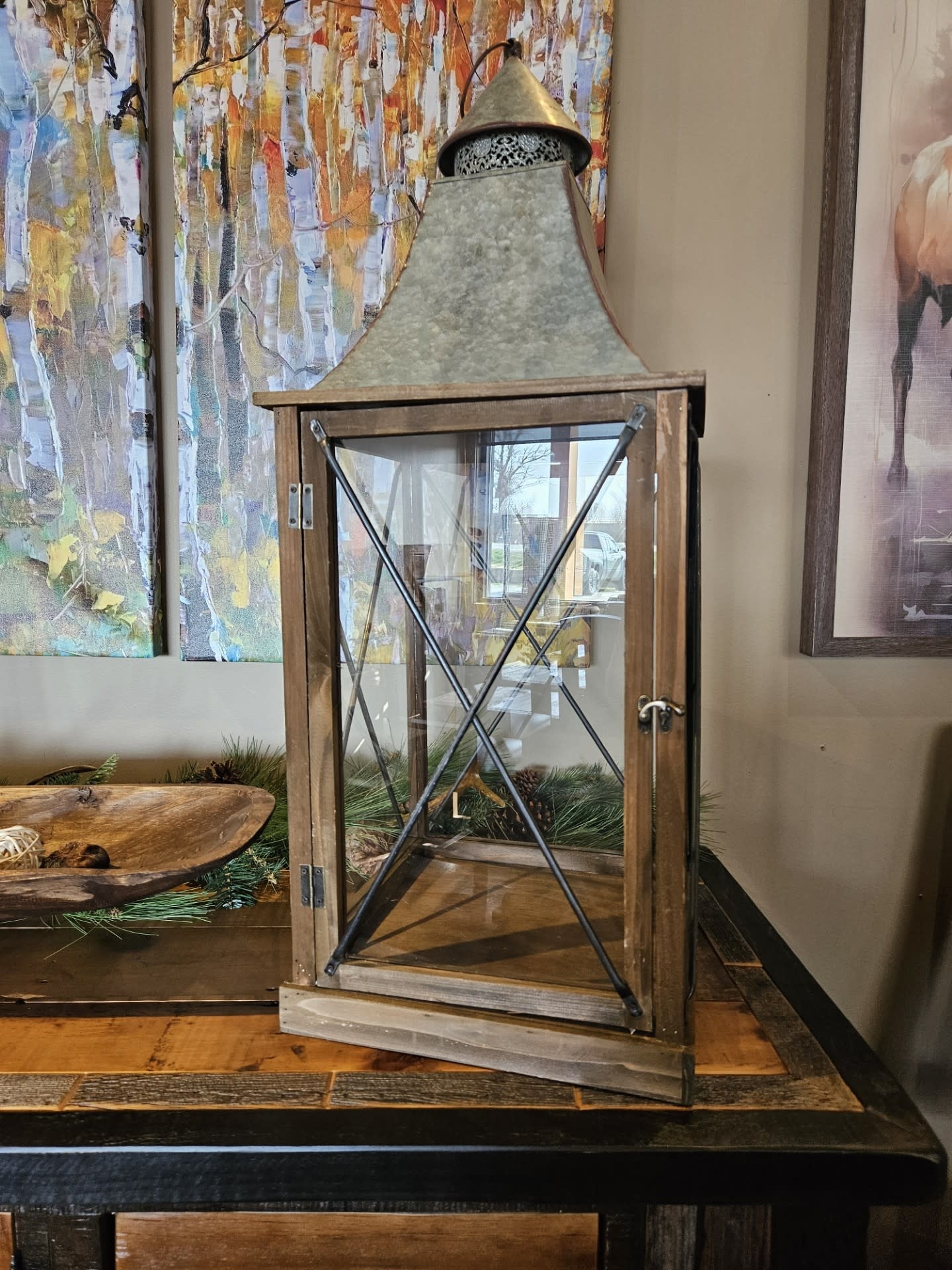 Melrose Rustic Galvenized/Wood Lantern-LARGE-33.5H