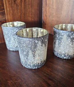 Melrose Snow/Pine Trees/Slate Blue Votive Candle Holder 3"H