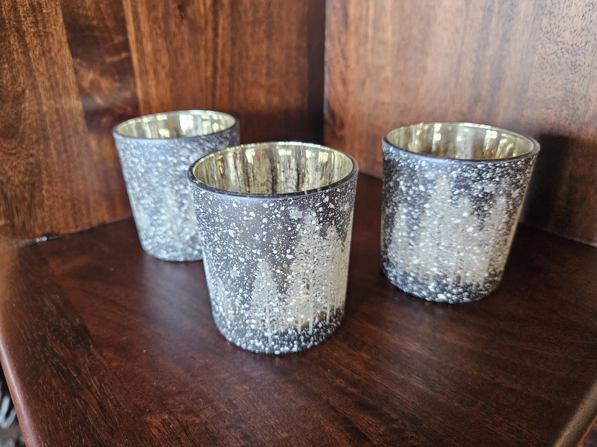Melrose Snow/Pine Trees/Slate Blue Votive Candle Holder 3"H