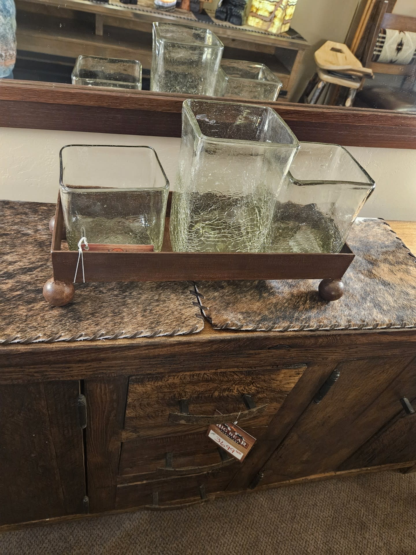 Artisans Crackled Set of 3 Candleholders w/Iron Tray (CLEAR)
