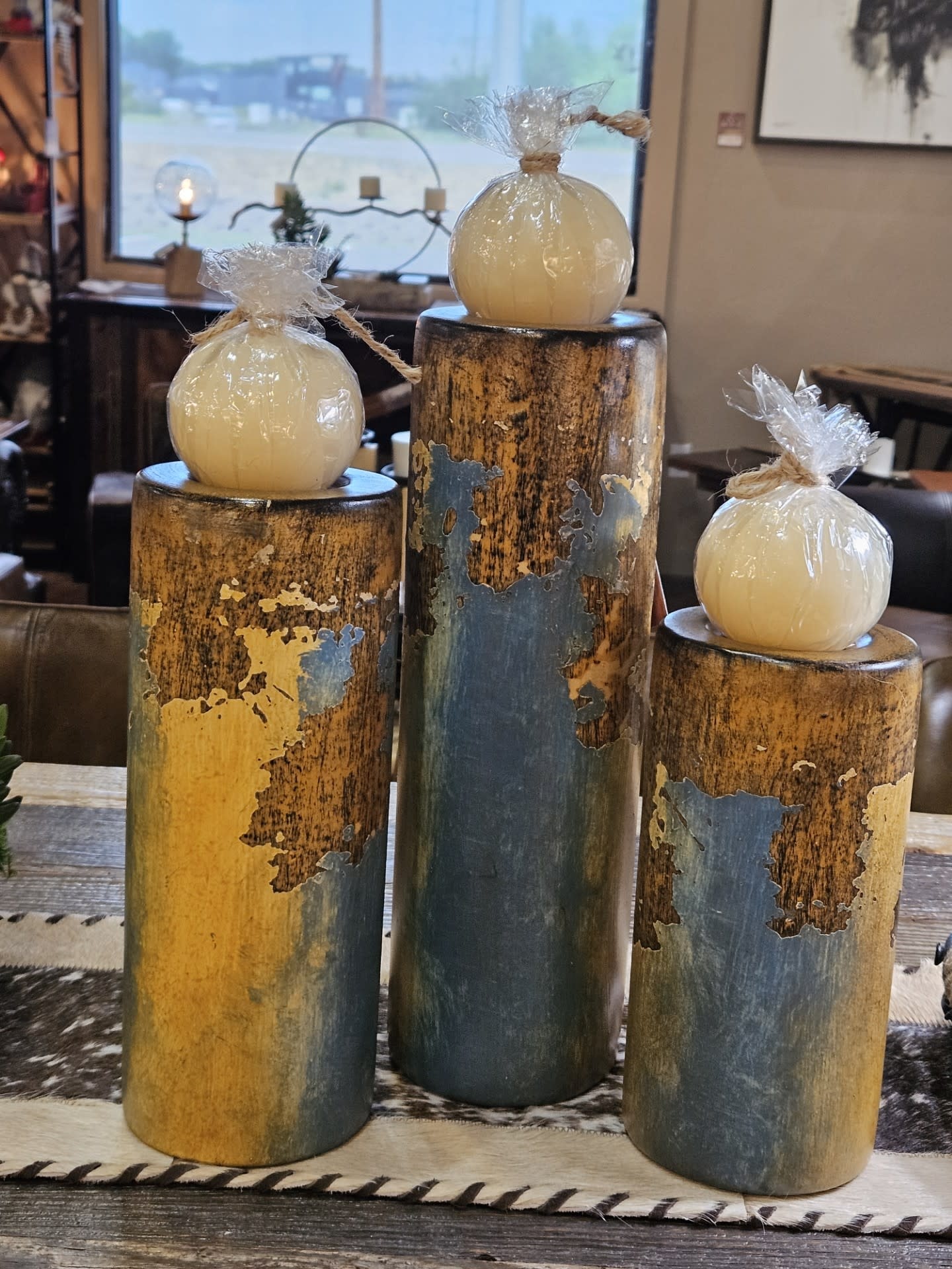 Artisans Sedona Set of 3 Candleholders - Turquoise/Brown-w/Candles