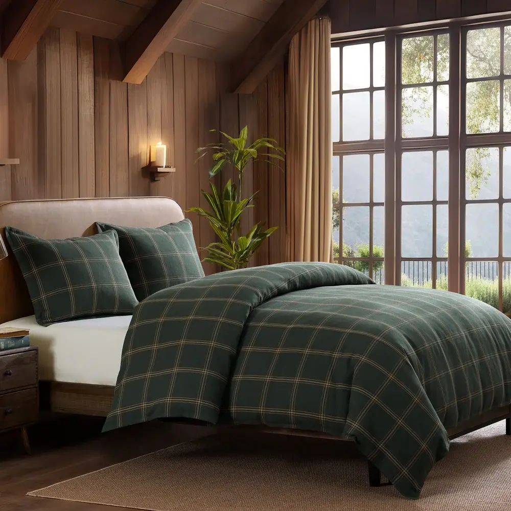 Hiend Windowpane Plaid 3 pc QUEEN Comforter Set, Hunter Green