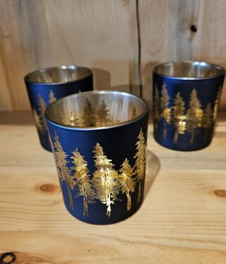 Melrose Blue w/Gold Trees Candleholder-SMALL 3"H