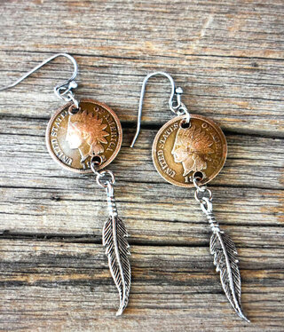 cool water jewelry EW648 Earrings: Native America Penny & Feather**** cool water jewelry EW648 Earrings: Native America Penny & Feather****