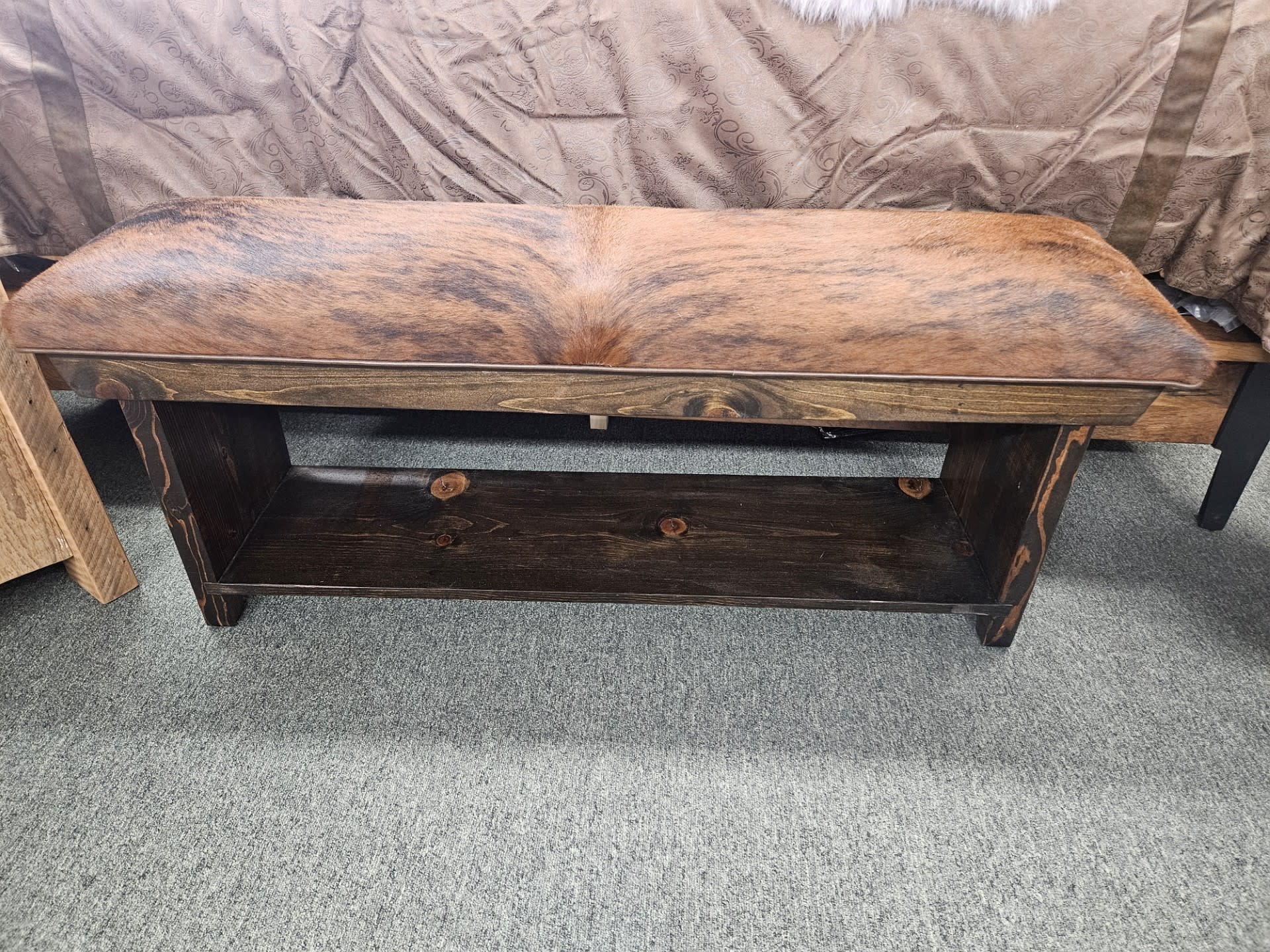 silvercreek Cowhide/Stamped Leather Bench w/Shelf 48W x 13D x 19H