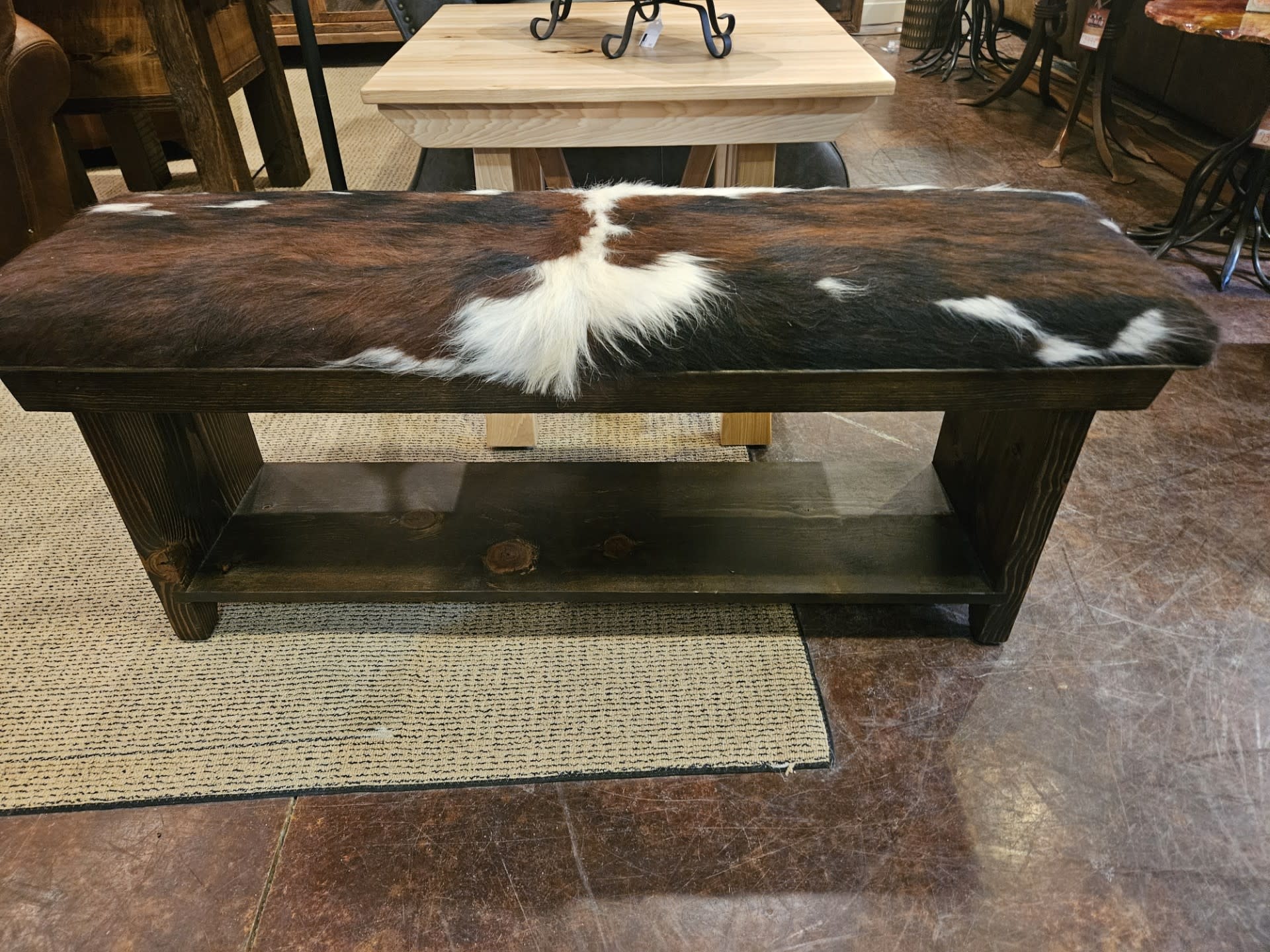 silvercreek Cowhide/Stamped Leather Bench w/Shelf 48W x 13D x 19H